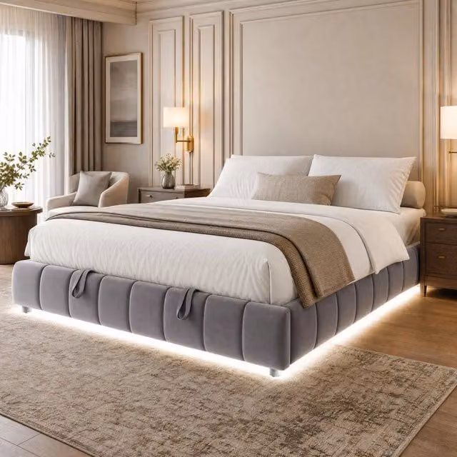 Letto imbottito 180x200 cm con contenitore idraulico e barra LED bianca; senza testiera; grigio
