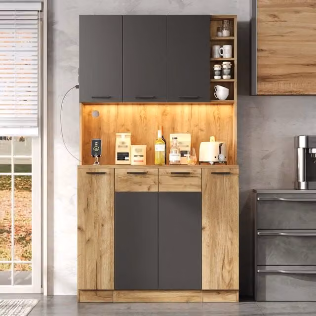 Armadio da cucina alto con LED, presa elettrica, spezieria estraibile a 4 ripiani, cantinetta e vetrina per cucina e sala da pranzo, 180 x 100 x 40 cm