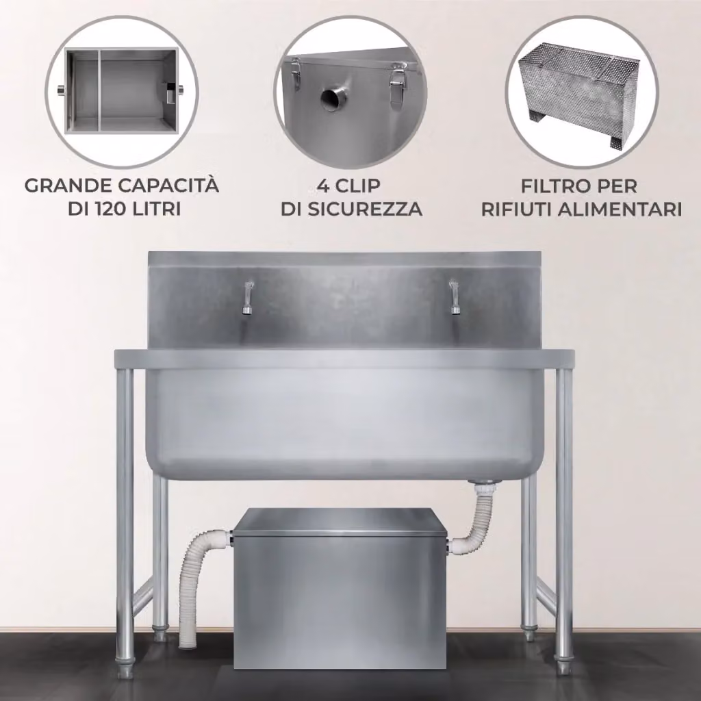 Separatore di grasso commerciale KuKoo in acciaio inox color argento con filtro intercettatore per rifiuti, capacità 120 l, L/P/H: 65 x 45 x 41 cm – 2