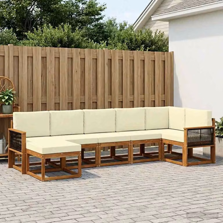 vidaXL Set di divani da esterno 7 pz in legno di acacia con cuscini beige e bianco