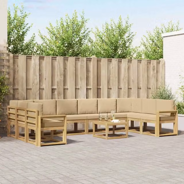 Set di divani da esterno vidaXL a forma di L composto da 11 pezzi in legno di acacia con cuscini bianchi e beige – 1