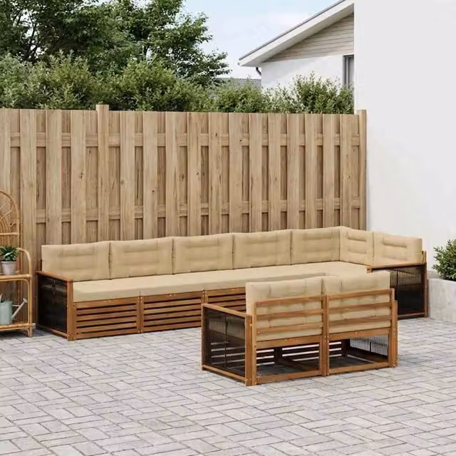 Set di divani da esterno vidaXL a forma di L composto da 8 pezzi in legno di acacia con cuscini inclusi, colore beige e marrone