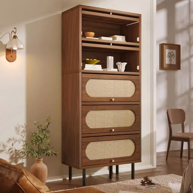 Credenza Alta con Ante a Ribalta ¨C MINIMAL ¨C Noce/Rattan, 80x40x163 cm
