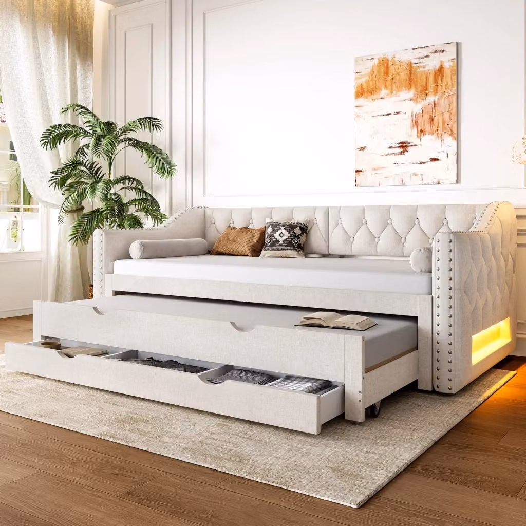 Letto singolo estraibile Chicfurn in tessuto imbottito beige con 3 cassetti e illuminazione LED sottostante L/P/H: 217 x 90 x 120 cm – 2