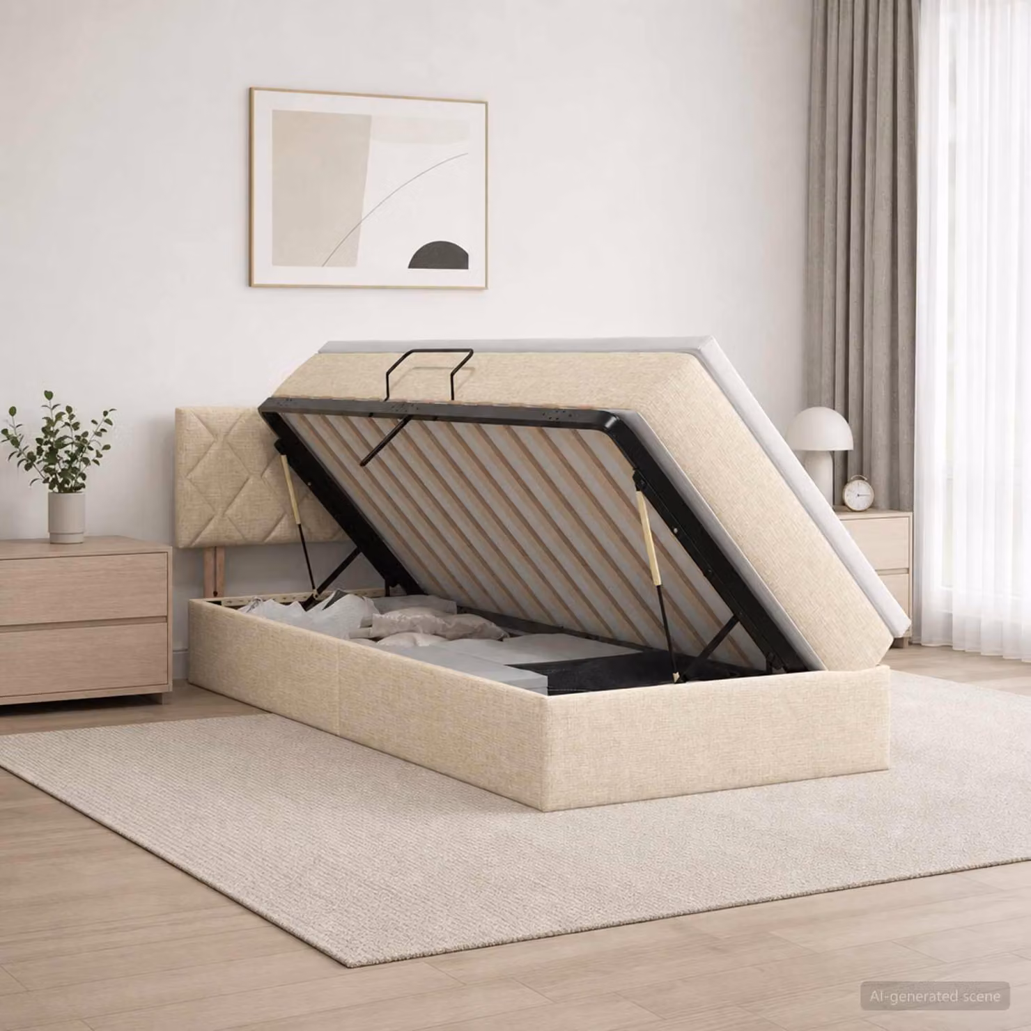 Letto con contenitore e materasso vidaXL in velluto beige, L/P/H: 90 x 200 x 204 cm