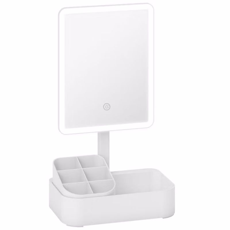 Specchio cosmetico LED Moonbite con contenitore, specchio da trucco con batteria da 1000 mAh, tipo C, 2 temperature di luce, dimmer touch, rotazione a 180°, plastica, bianco