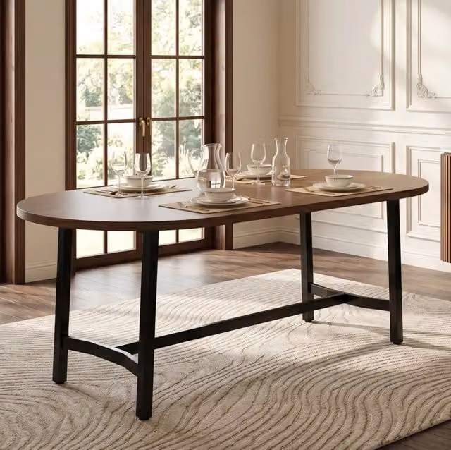 Tavolo da pranzo ULEVR 180x80x75 cm per 6-8 persone, piano con angoli arrotondati, MDF color noce e ferro