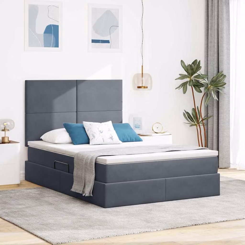 Letto con contenitore e illuminazione LED vidaXL in velluto grigio, L/P/H: 190 x 140 x 128 cm – 1