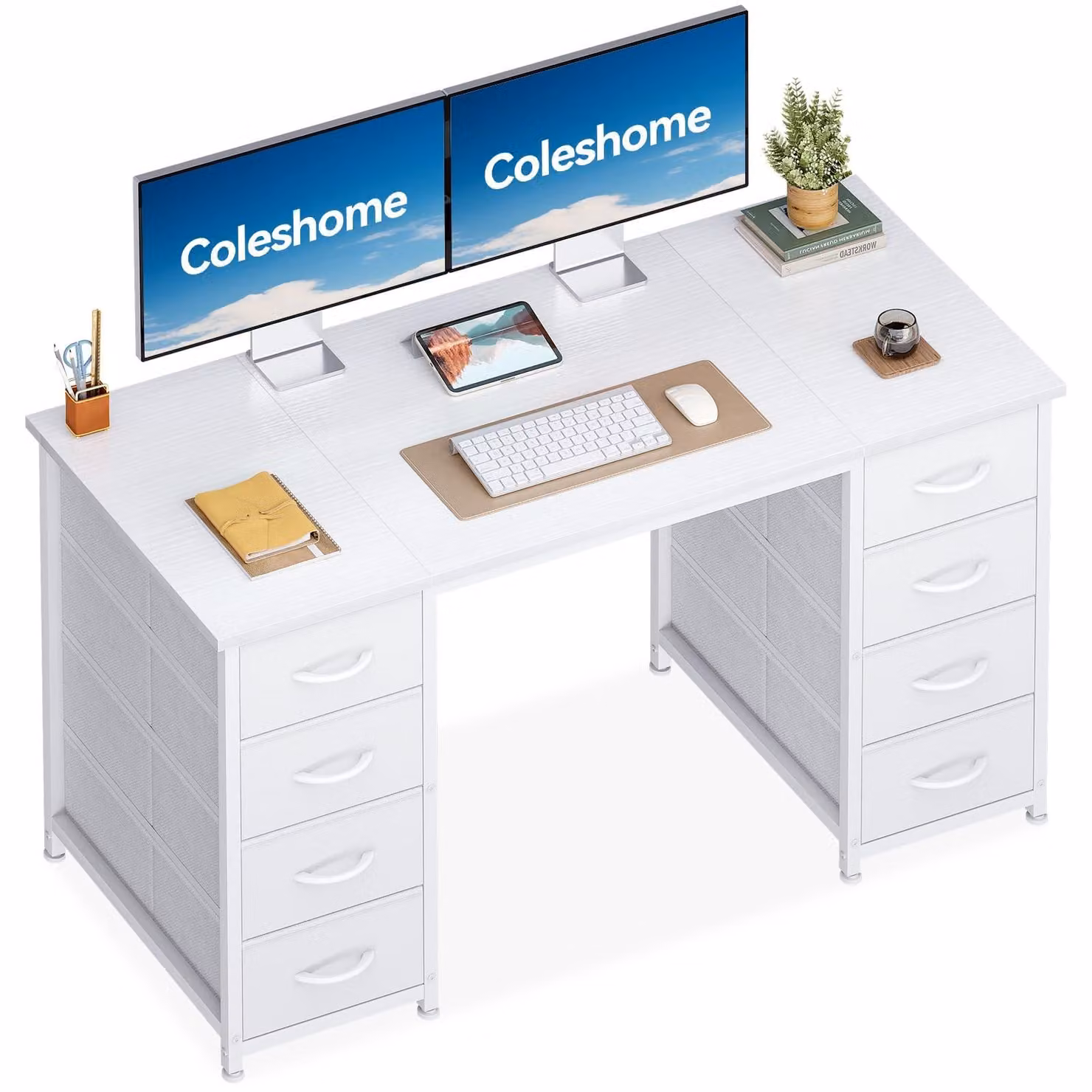 Scrivania con cassetti in tessuto - Scrivania con cassetti - Tessuto - 120 x 48 cm - Bianco - Otto cassetti