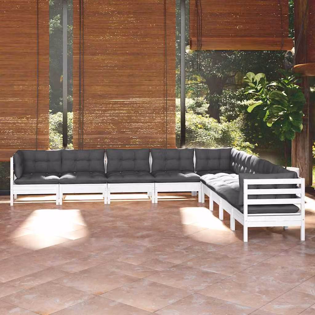 vidaXL Set Divani da Giardino a L in Legno di Pino Trattato con 9 Cuscini Imbottiti, Colore Bianco, Antracite o Grigio
