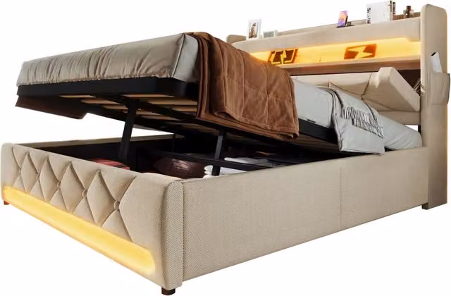 Letto contenitore matrimoniale 160 × 200 cm 2 posti con LED, USB, Type-C e materasso incluso, beige in lino