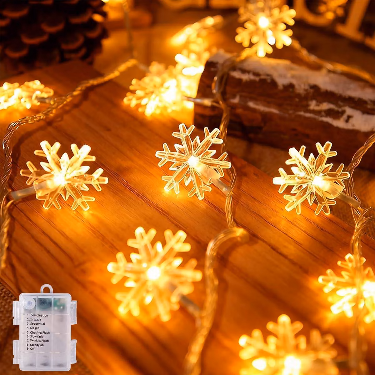 Catena luminosa a LED a forma di fiocchi di neve, 6 metri, 40 luci, alimentata a batteria, luce bianco caldo