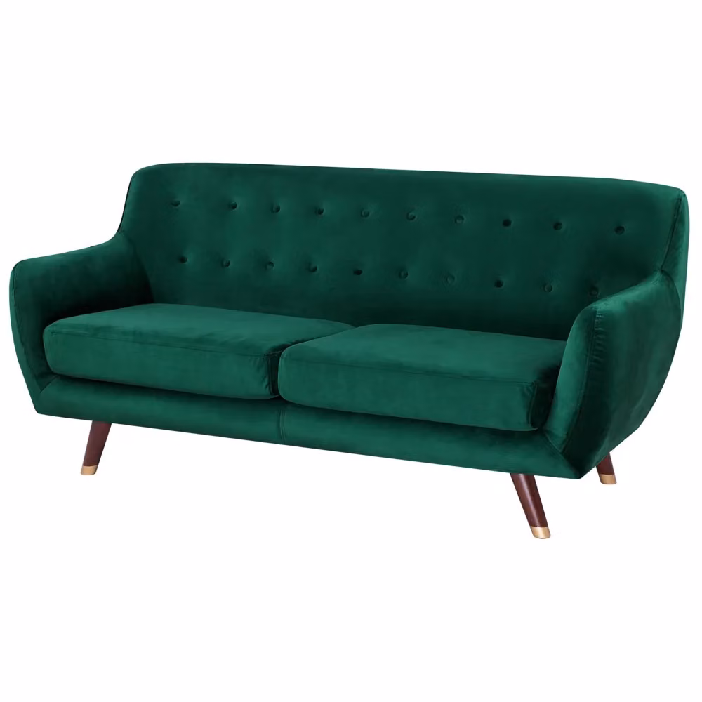 Divano Beliani a 3 posti in velluto verde con schienale capitonné e gambe in legno di gomma per il tuo soggiorno L: 188 cm, P: 85 cm, H: 84 cm – 2