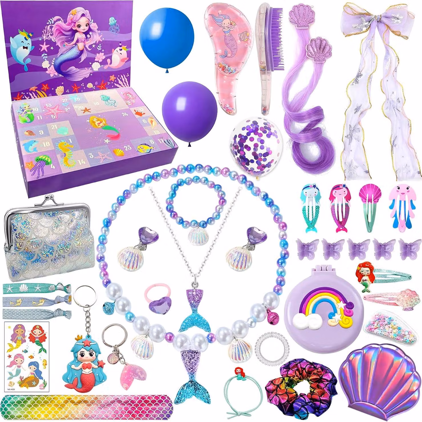 Calendario dell'Avvento con 24 giorni, tema sirena, contenente gioielli e accessori per capelli, ideale per bambine