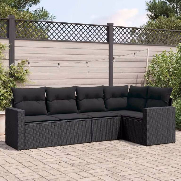 vidaXL Set Divani da Giardino a L 5 pz con Cuscini Neri in Polyrattan e Acciaio