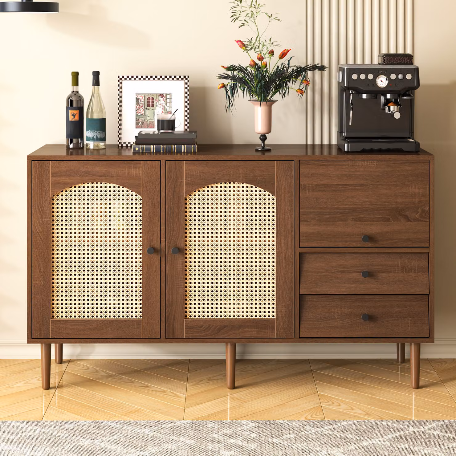 Cassettiera in rattan MODFU con 3 ante e 2 cassetti irregolari, 130*75,5*40 cm, colore legno