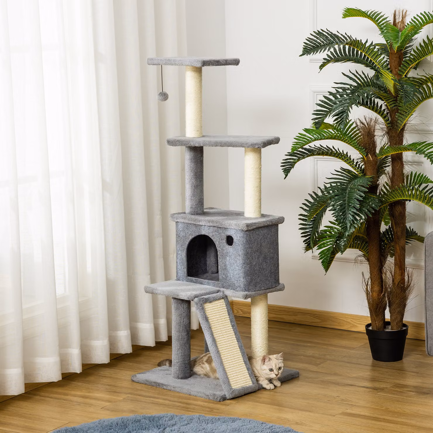 Albero Tiragraffi Multilivello PawHut con Casetta, Scala e Pali in Sisal, Grigio, L/P/H: 48 x 48 x 125 cm – 2