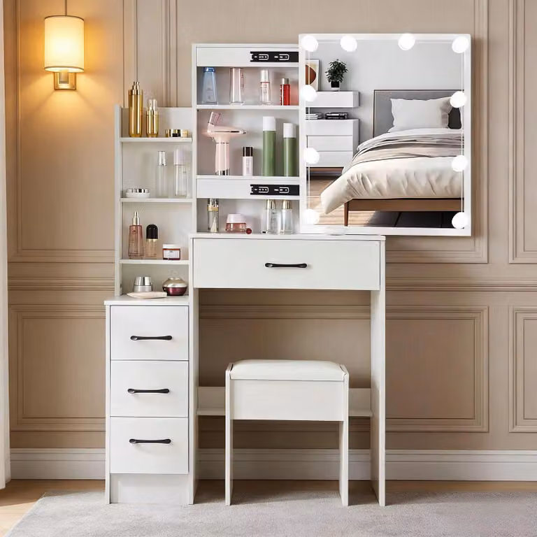 Comò con specchio illuminato a LED - Bianco - 83x36x139 cm - MDF e vetro
