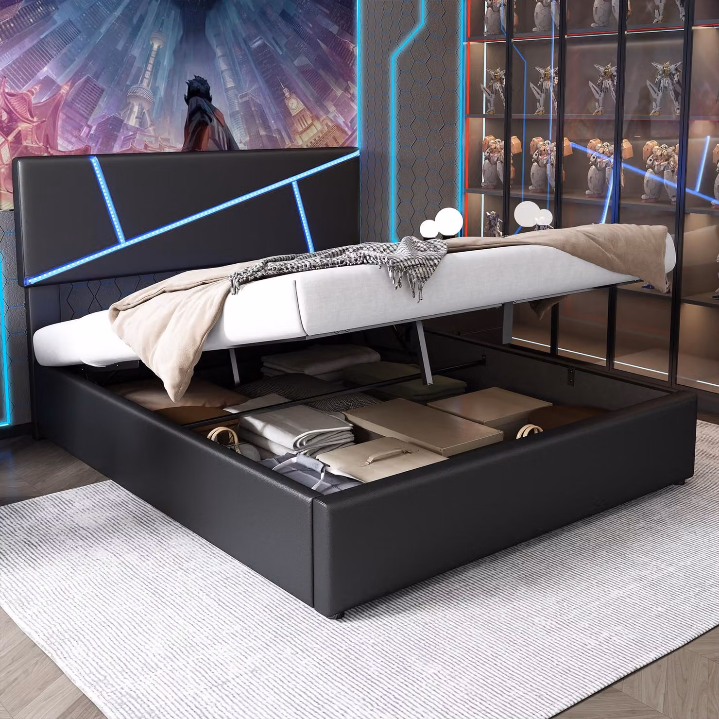 Letto imbottito STILVORA 140×200 cm letto per ragazzi con rete a doghe e schienale, letto matrimoniale con strisce luminose a LED, letto funzionale idraulico, nero (senza materasso)