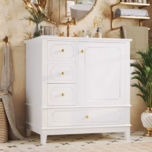 Mobile bagno 76.5x47.0x87.5 cm con lavabo antibatterico in ceramica e spazio contenitivo; MDF bianco