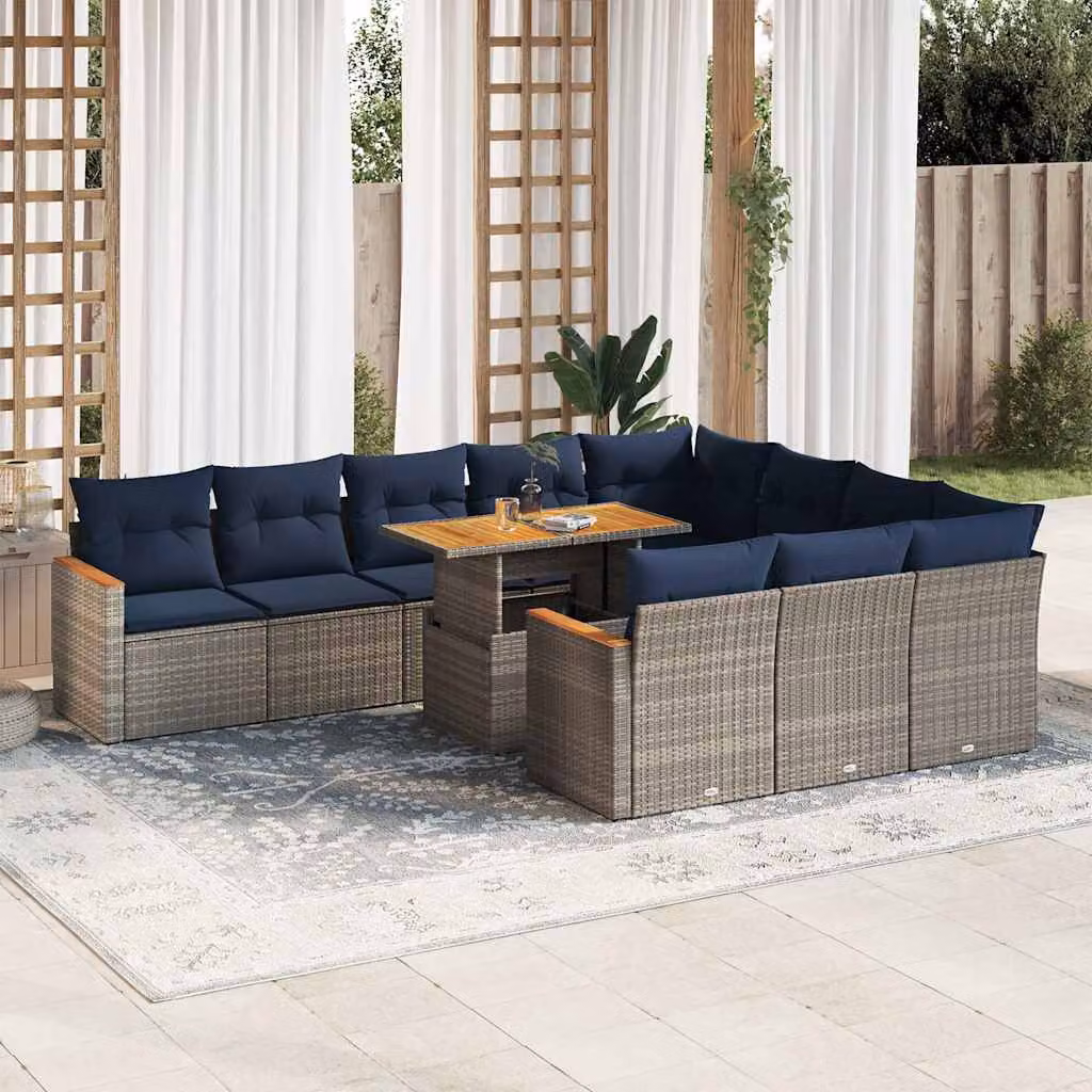 Set di divani da giardino vidaXL 11 pezzi con cuscini blu e struttura in rattan grigio e acciaio per terrazza e balcone