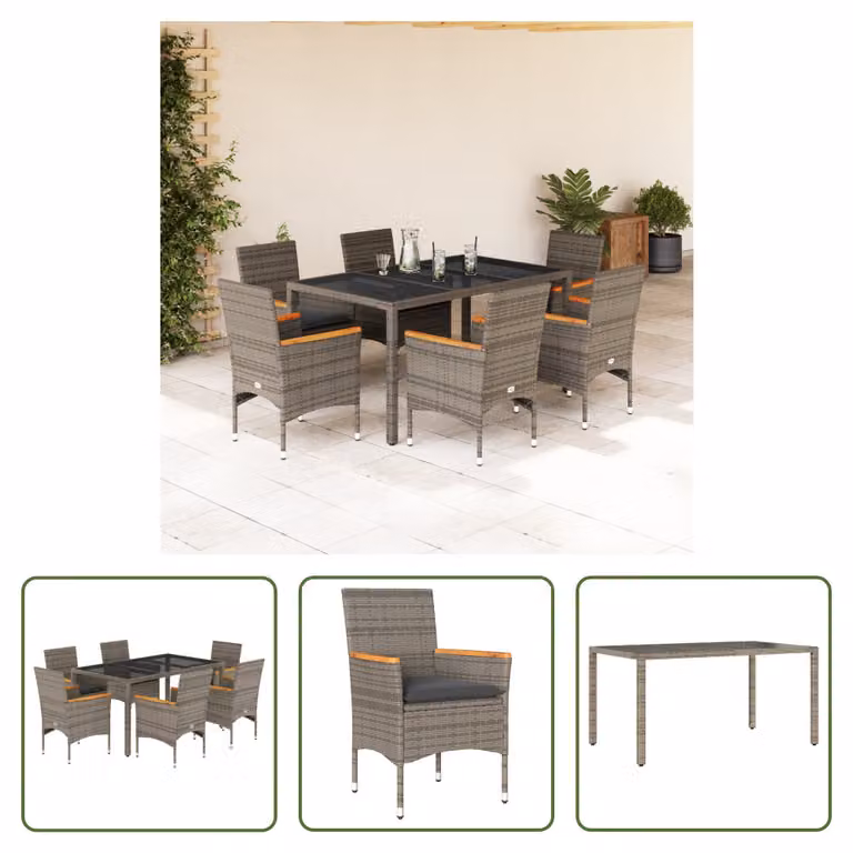The Living Store Set da pranzo da giardino 7 pezzi con cuscini in poly rattan grigio e vetro