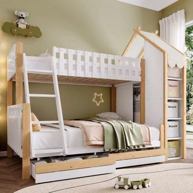 Letto a castello 239x155x195 cm con soppalco a forma di casetta; 2 cassetti; legno; bianco e naturale