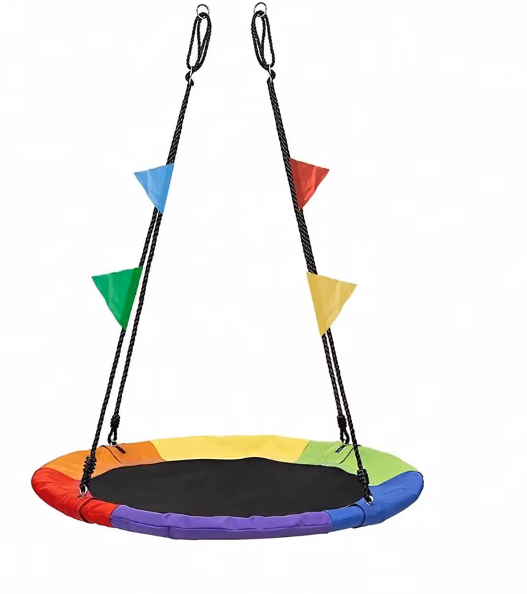 Altalena rotonda - Sedia a dondolo sospesa - Diametro 100 cm - Colori dell'arcobaleno - Tessuto - Kit di montaggio completo - Adatta per interni ed esterni