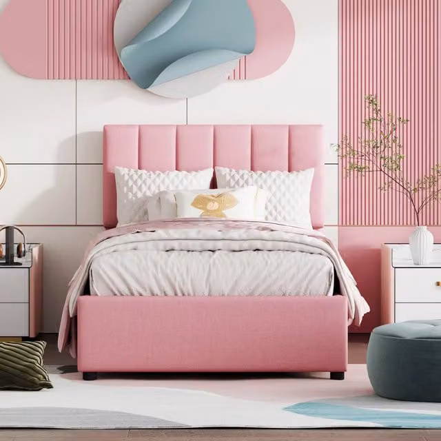 Letto singolo per bambini OKWISH con contenitore idraulico e struttura imbottita, rosa, L/P/H: 90 x 200 x 105 cm