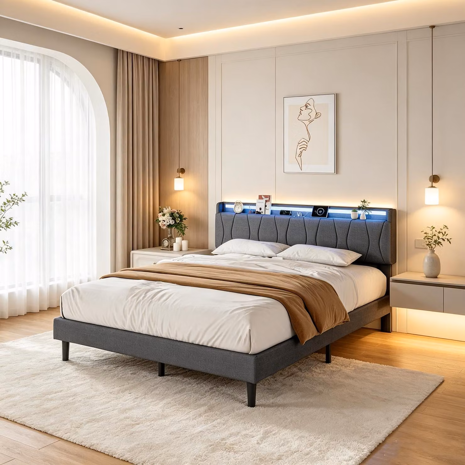 Letto matrimoniale con boxspring, imbottito, 160x200 cm, con luci LED e stazione di ricarica. Letto con spazio contenitore sotto la struttura, ideale per ragazzi. Struttura del letto grigia, rivestita in lino, con rete a doghe