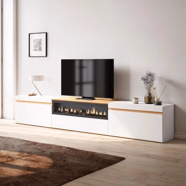 Mobile TV Soggiorno, 260x45x35cm, TV di grande formato, Camino elettrico, Bianco e Rovere soft