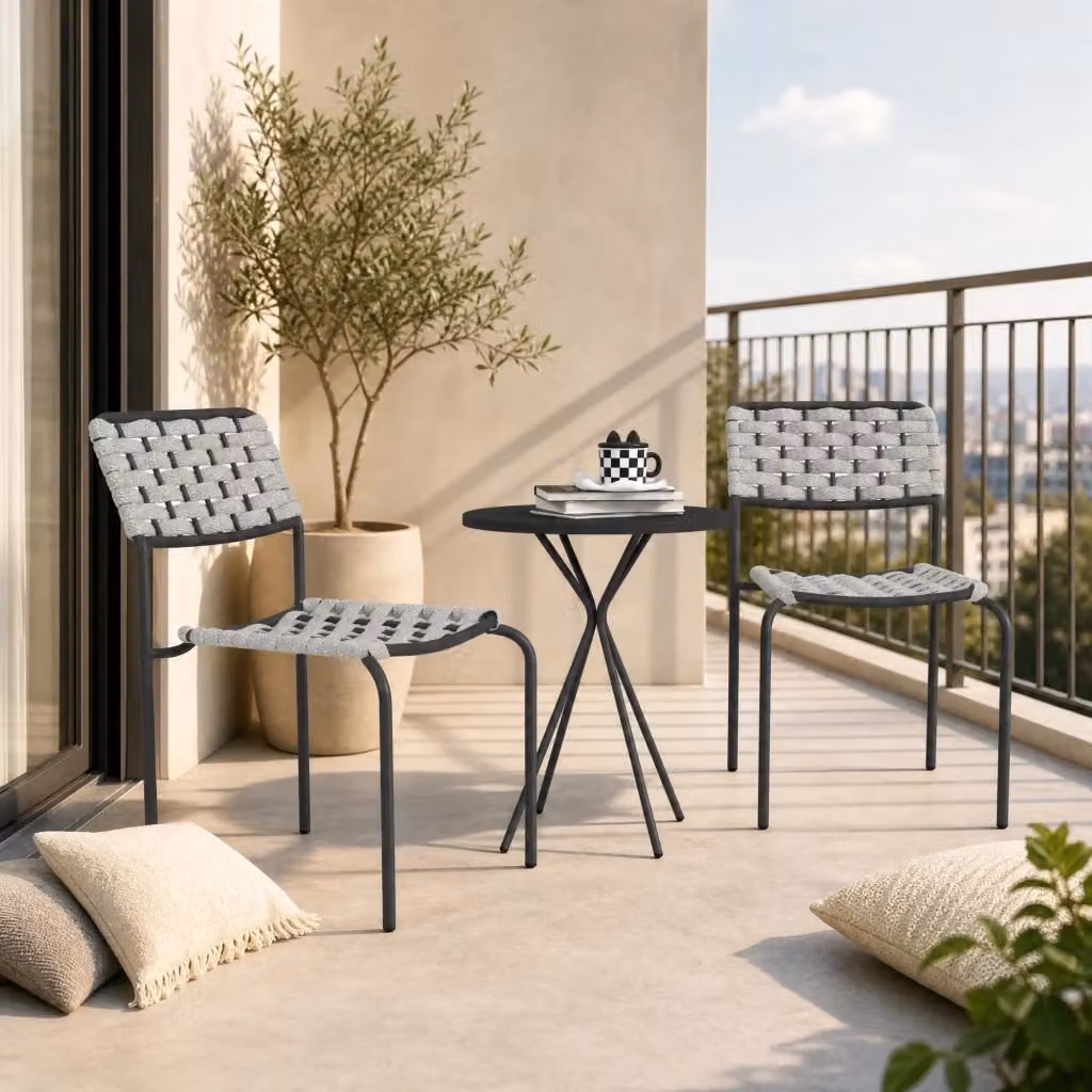Set da Bistro REDOM composto da 2 sedie e 1 tavolo rotondo in acciaio verniciato grigio per giardino, balcone o terrazza – 2