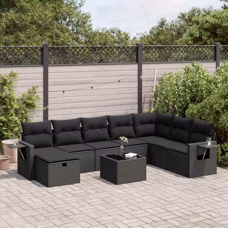 Set di divani da giardino vidaXL in polyrattan nero con cuscini, tavolino e pouf, composizione a forma di U per esterno