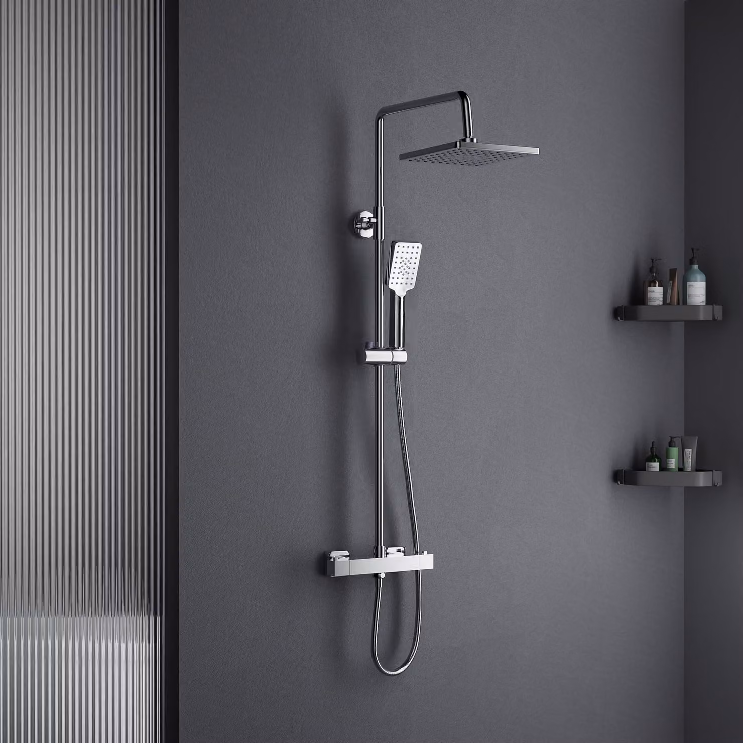 Set doccia termostatico regolabile in altezza con soffione a pioggia - Cromo