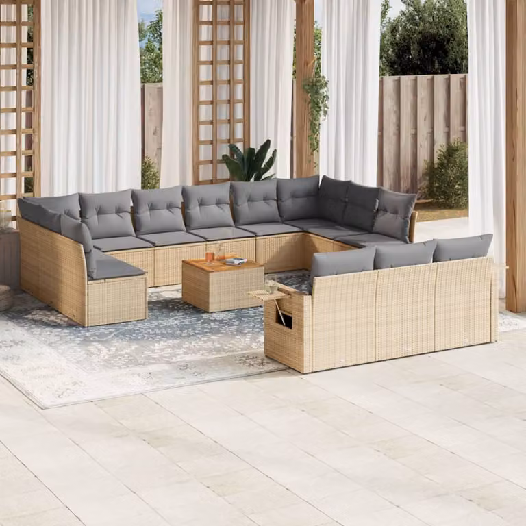 vidaXL Set Divano da Giardino 14 pz a forma di U in Polyrattan con Cuscini Beige e Grigio e Tavolino da Esterno