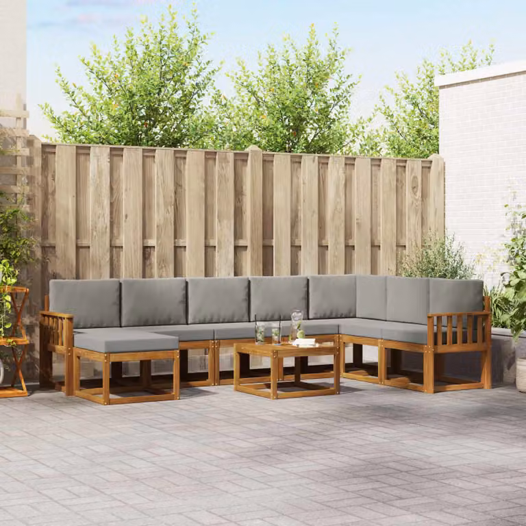 vidaXL Set di divani da esterno a L in legno di acacia con 9 pezzi, Grigio e Marrone