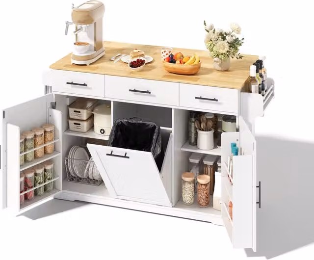 Isola cucina mobile con piano ribaltabile 136 x 50 75 x 92 cm in MDF bianco e naturale