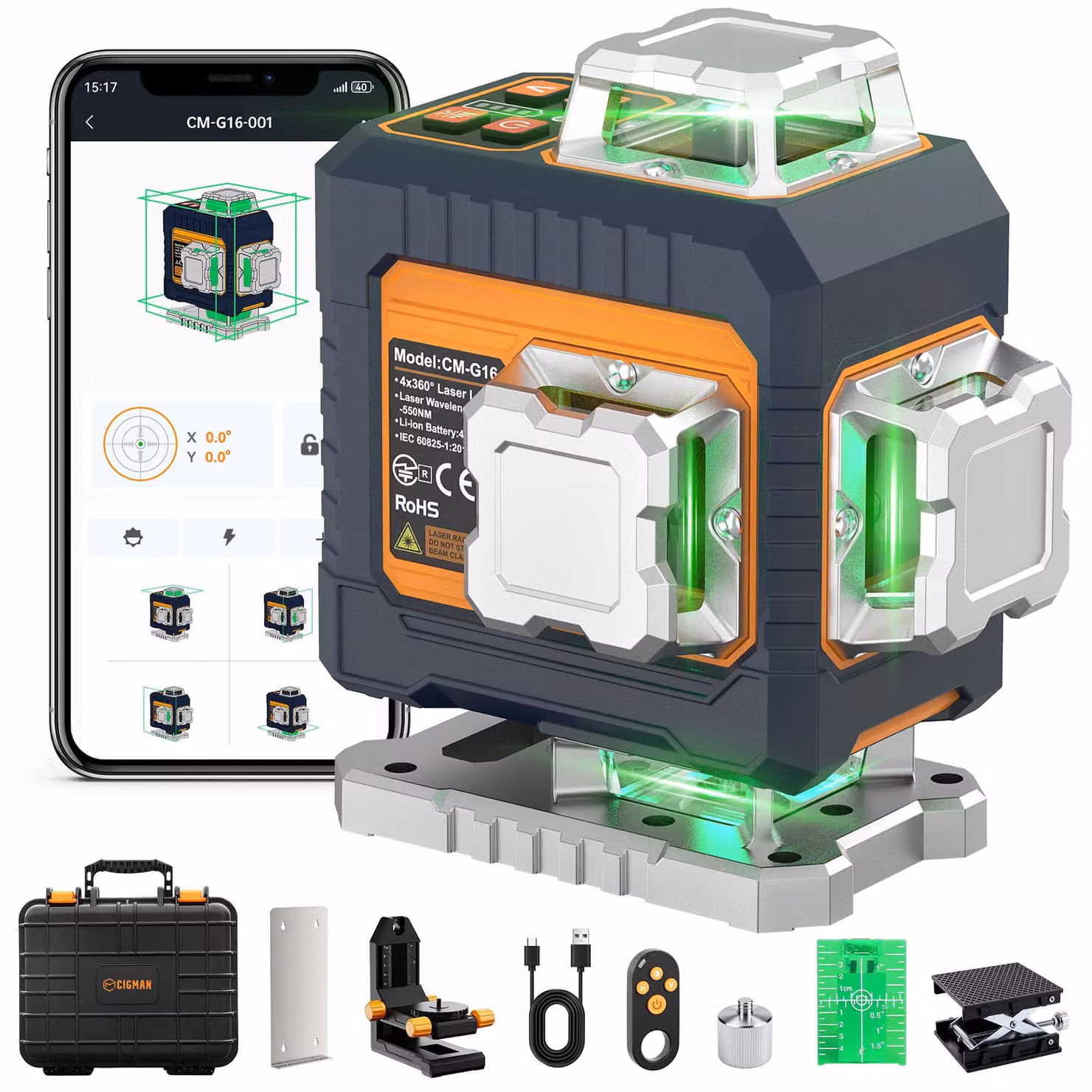 Livella laser professionale verde, con 16 linee, autonivelante e controllabile tramite app