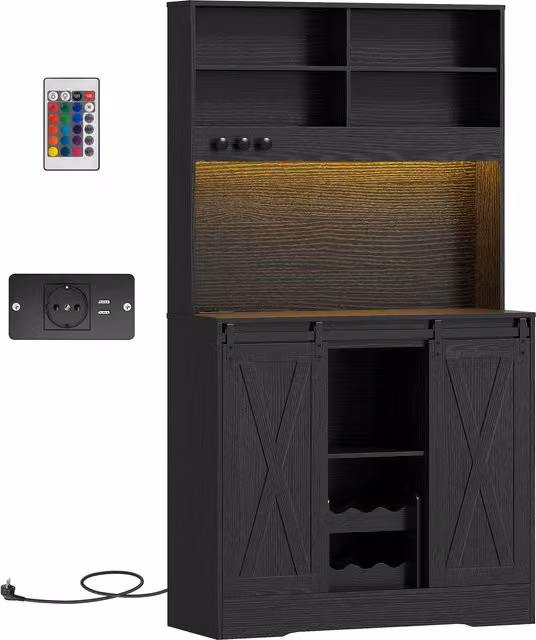 Credenza da Cucina Alta HOMCOM in Stile Rustico con 2 Armadietti, Portabottiglie, Luci LED e Prese di Ricarica, Nero
