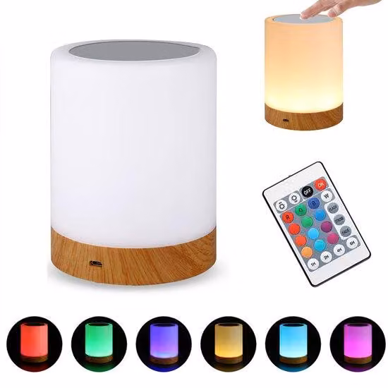 Lampada notturna a LED - Lampada da comodino ricaricabile - Lampada da lettura dimmerabile - 13 colori - 3 livelli di luminosità - Telecomando - Ideale per camerette, uffici, camere da letto e soggiorni - Bianco, colore legno