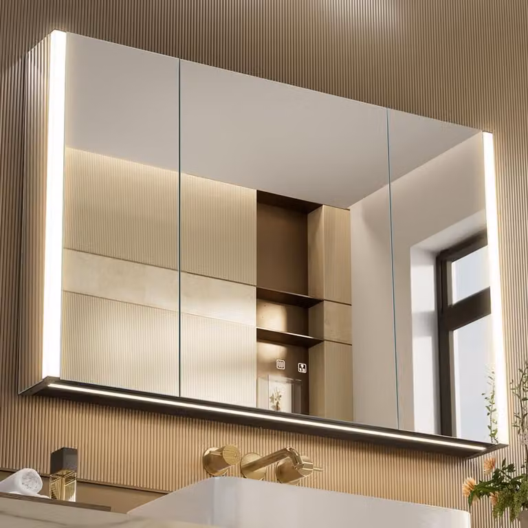 Mobiletti da bagno con specchio a LED, 3 ante, 41x28 cm, con funzione di regolazione dell'intensità luminosa e porta USB