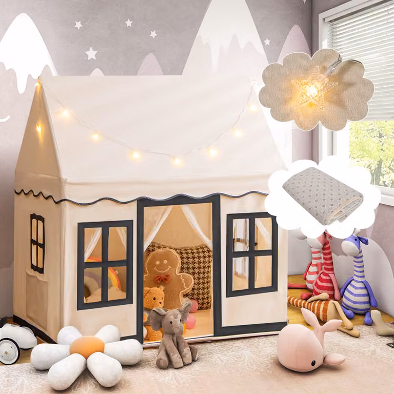 Costway Tenda da gioco per bambini con luci a stella e tappetino in velluto lavabile, Casetta per interni ed esterni Beige