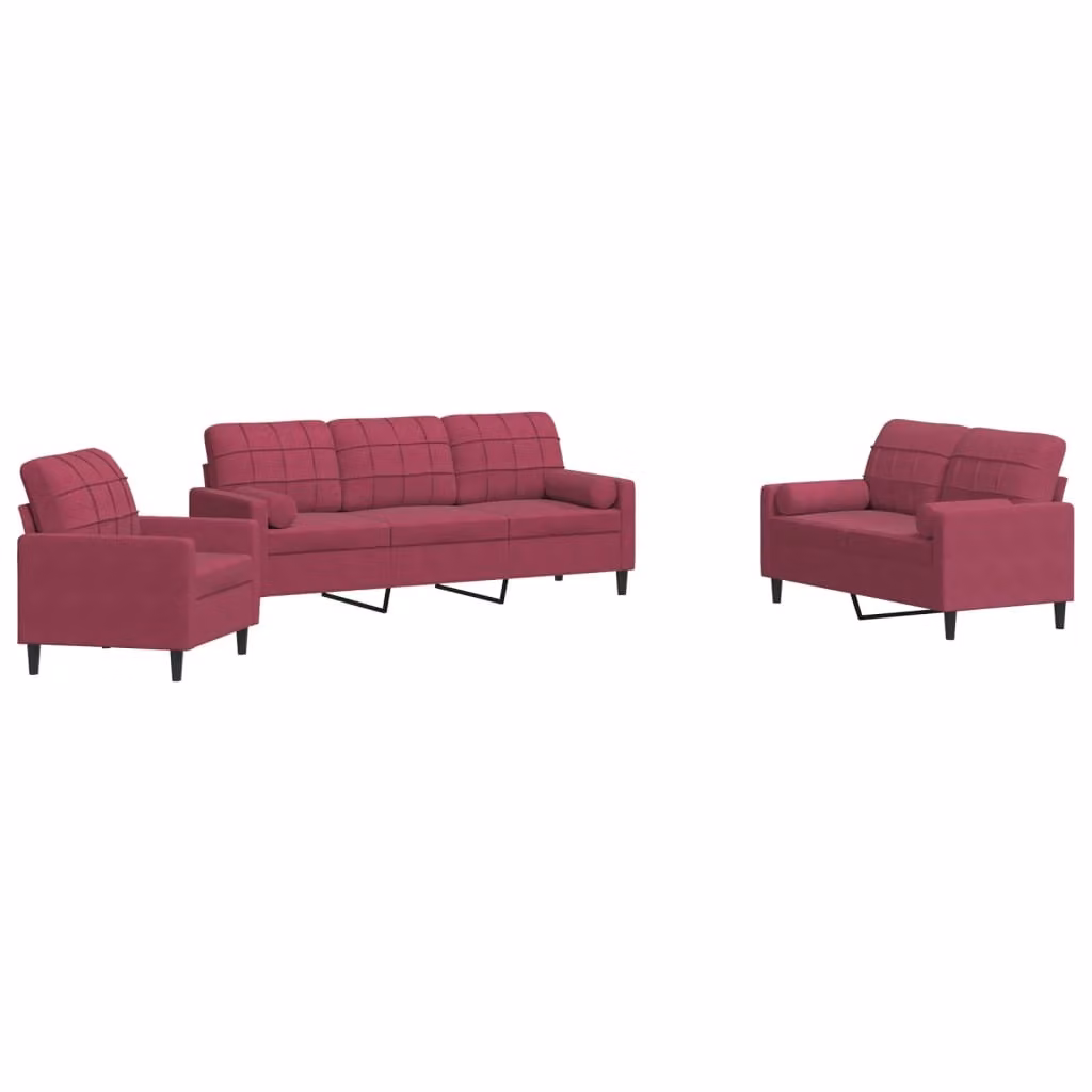 Set di Divani 3 pz con Cuscini e Rinforzi Rosso Vino in Velluto