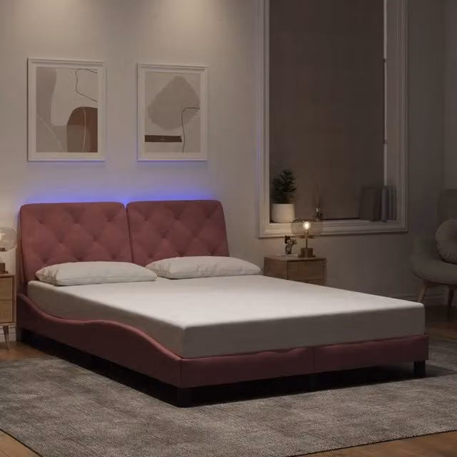 Letto con giroletto in velluto rosa con illuminazione LED e porta USB vidaXL L/P/H: 200 x 140 x 74,5 cm – 1