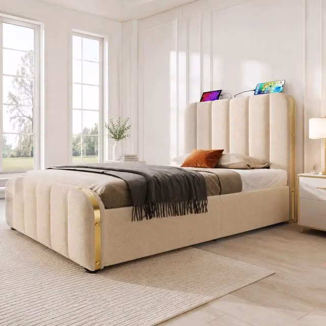 Letto Contenitore REDOM in Lino Beige con Porta USB Type-C, L/P: 90 x 200 cm