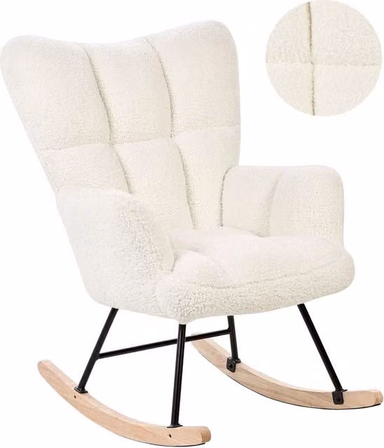 Sedia a dondolo moderna BELIANI in tessuto bouclé bianco con gambe in legno e braccioli
