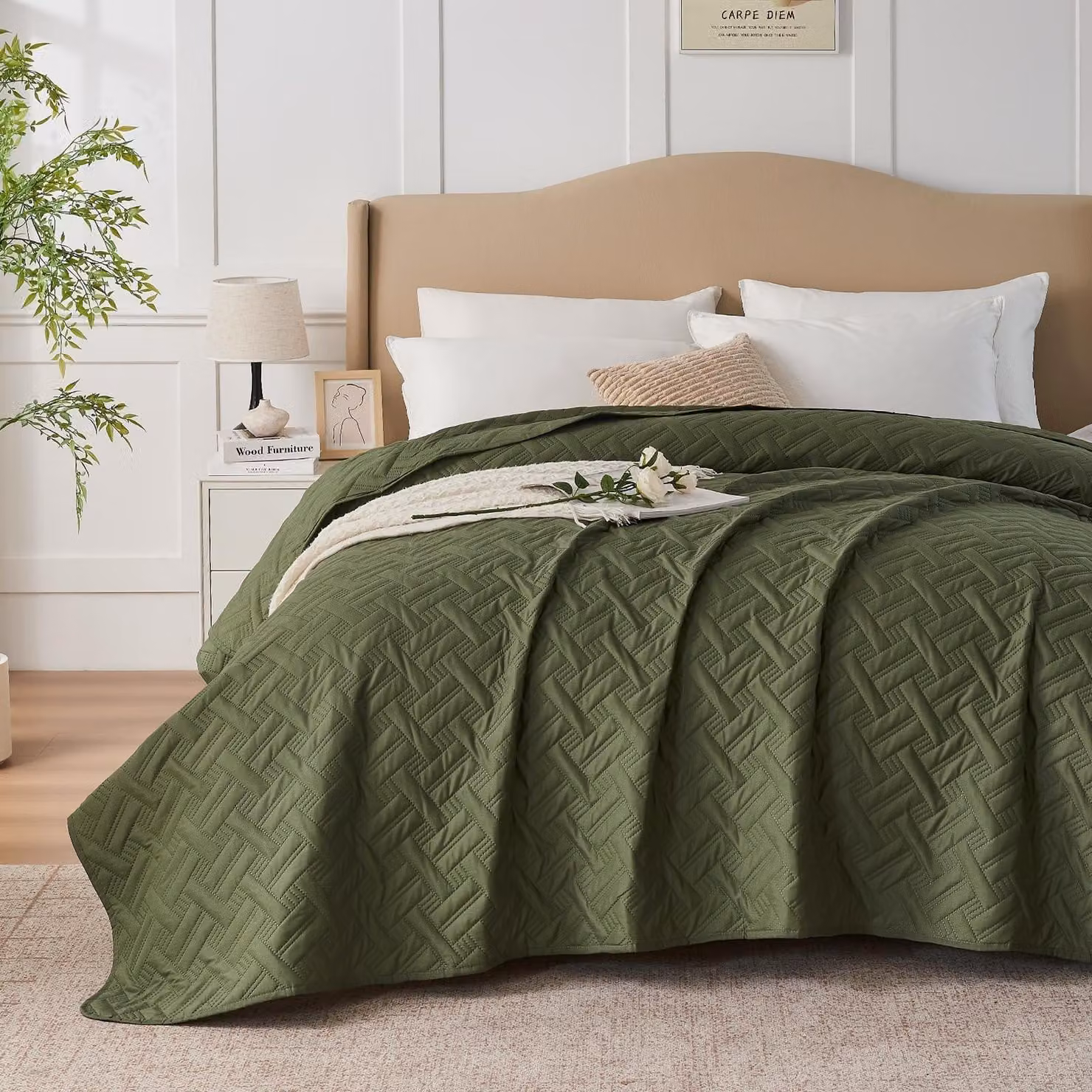 Elegante copripiumino con stampa realizzata tramite tecnologia a ultrasuoni, dimensioni 170 x 210 cm, colore verde oliva