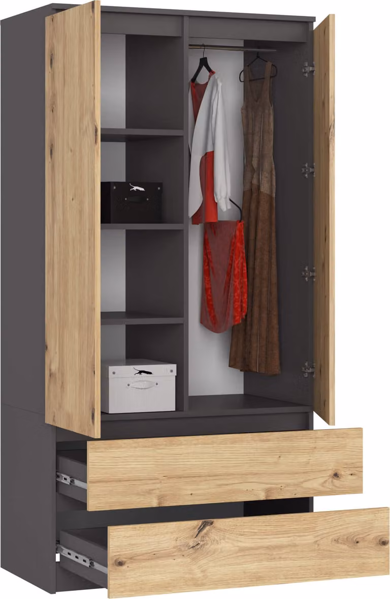 Armadio S90 da 90 cm, guardaroba a 2 ante e 2 cassetti, altezza 180 cm, CLP