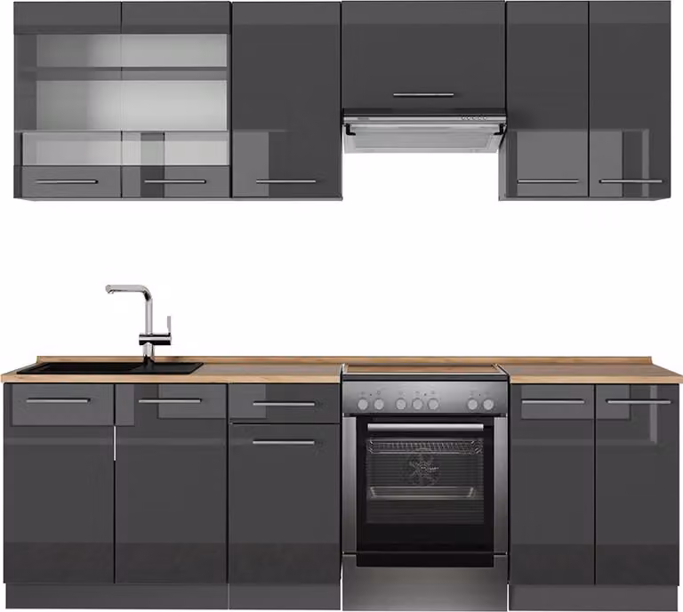 Cucina componibile Vicco Fame-Line Antracite lucido 240 cm , PL Rovere, Model 57246