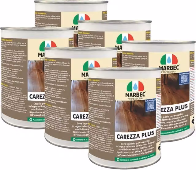 Cera in pasta Marbec Carezza Plus per superfici in legno, finitura satinata lucida, confezione da 6 x 1 l